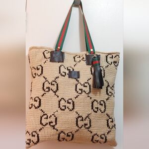 NEW Gucci Beige Knit Tote Bag Green/Red Striped TopHandles +GG Web Design(Large)